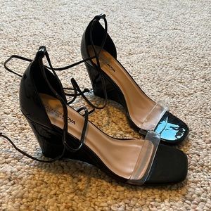 Fashion Nova Black Clear Wrap Tie Wedge Heels
